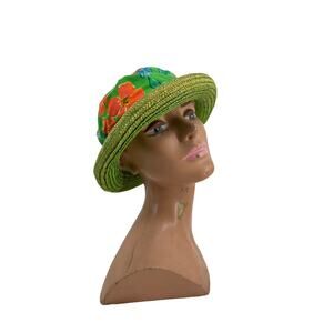 Vtg 90s Y2K Floral Cotton Green Straw Bucket Hat Blossom Style Rolled Brim Hat